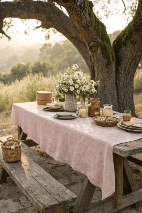 Nappe en lin lavé - rose poudre - la draperie française française