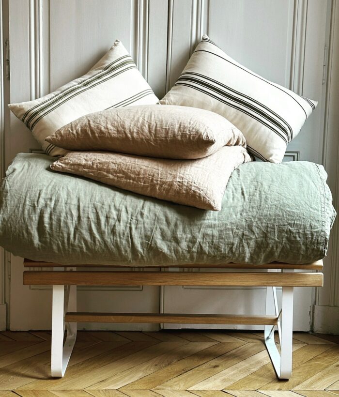 coussin rayé coton bio chataigne déco champêtre La Draperie Française