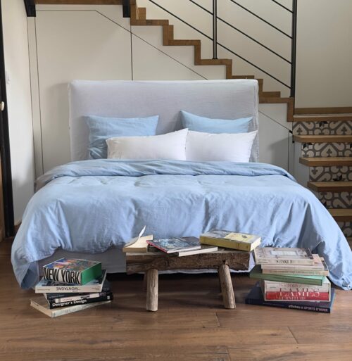 housse de couette lin métis bleu ciel La Draperie Française