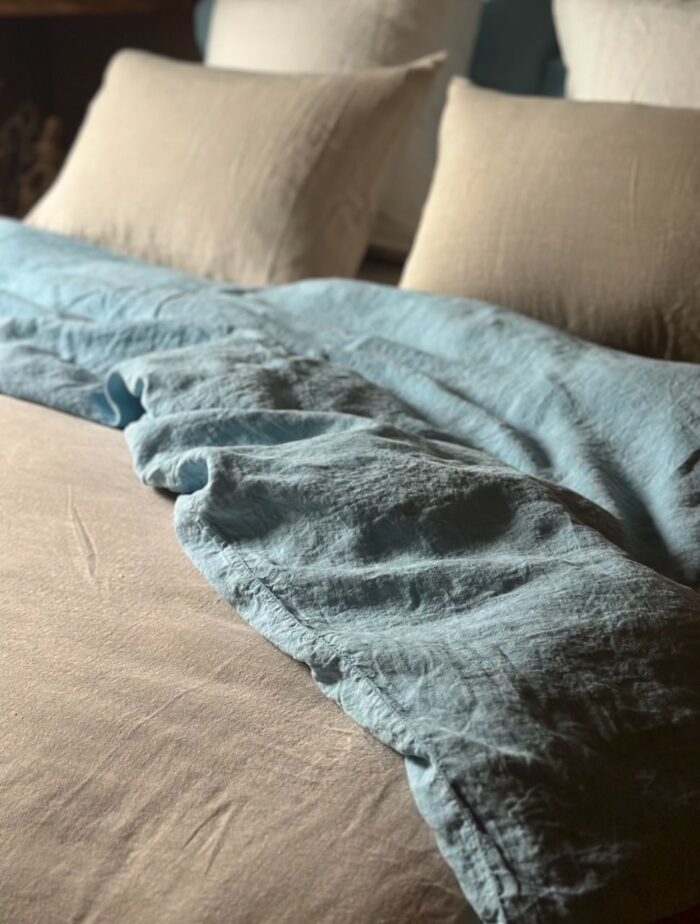 housse de couette lin lavé bleu ciel La Draperie Française