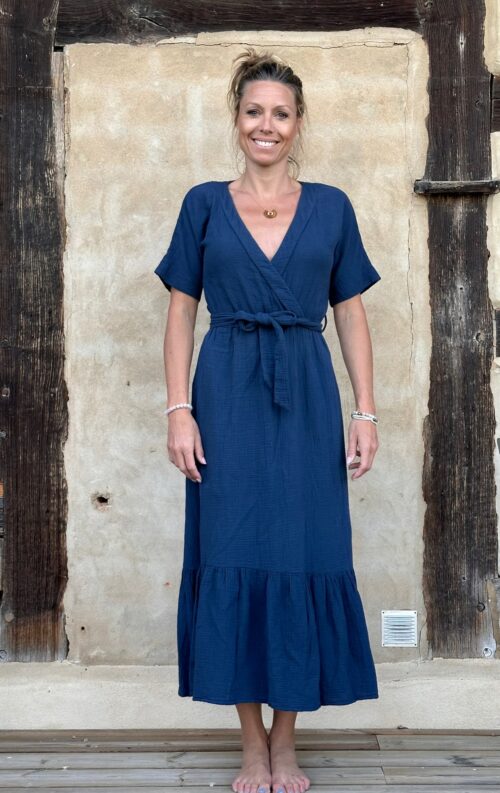 robe en double gaze de coton bleu indigo La Draperie Française