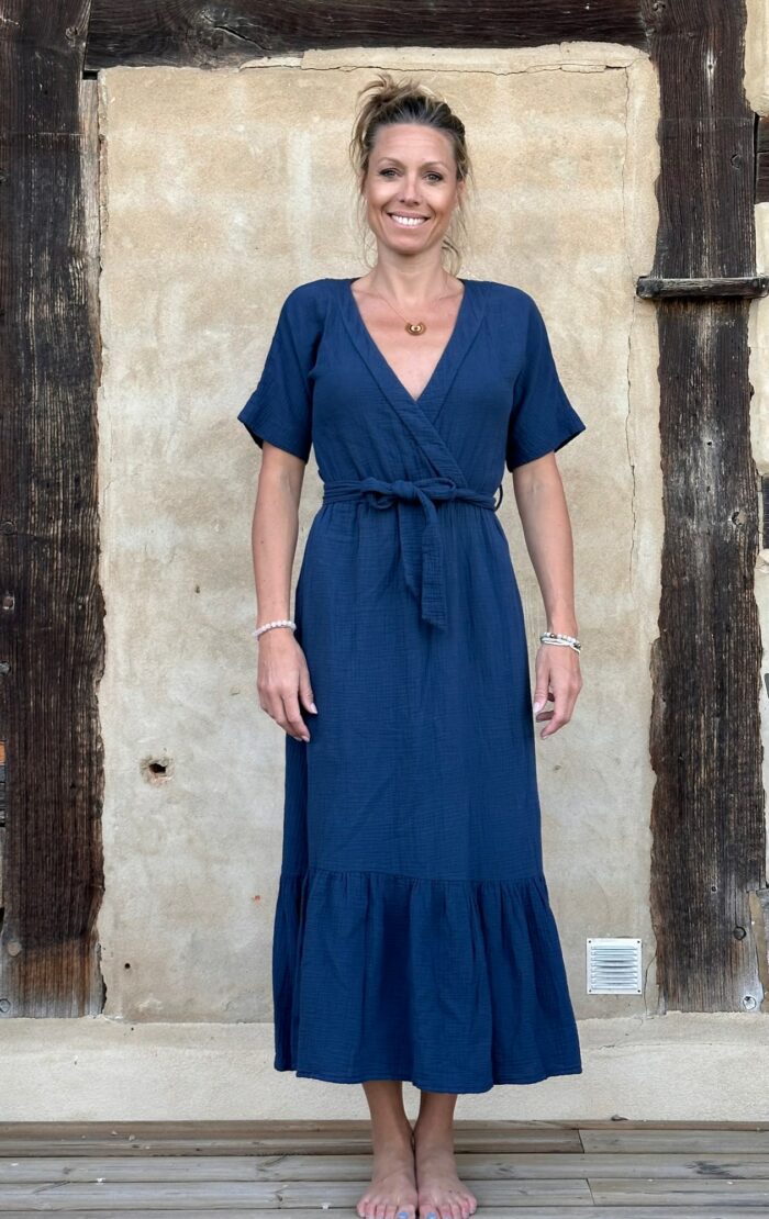 robe en double gaze de coton bleu indigo La Draperie Française