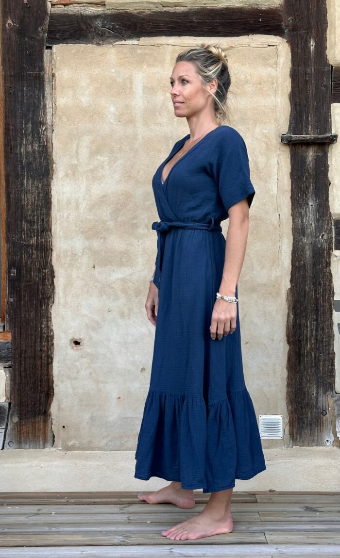 robe en double gaze de coton bleu indigo La Draperie Française