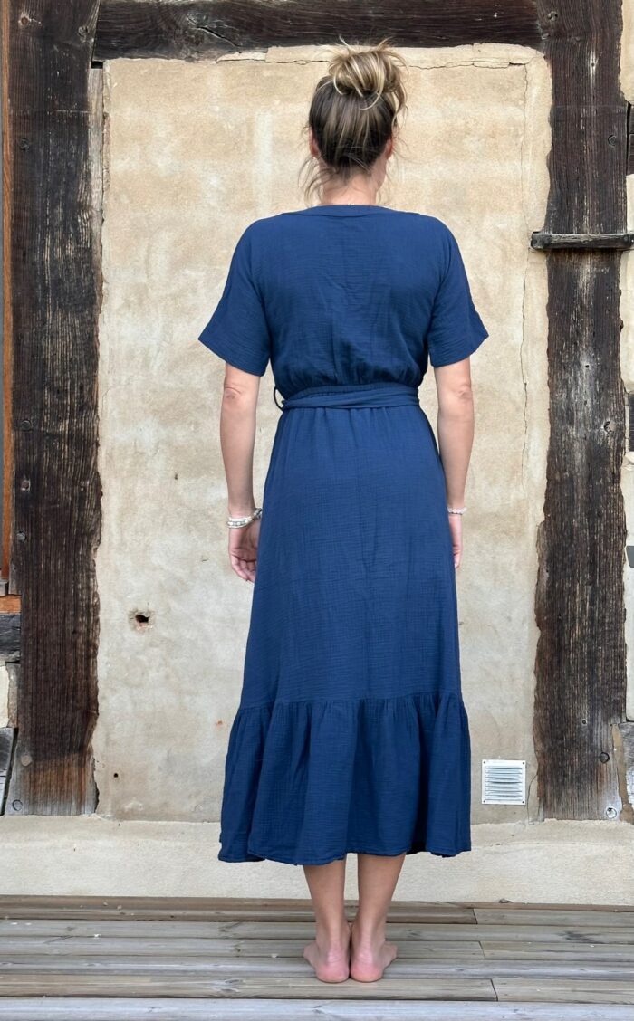 robe en double gaze de coton bleu indigo La Draperie Française