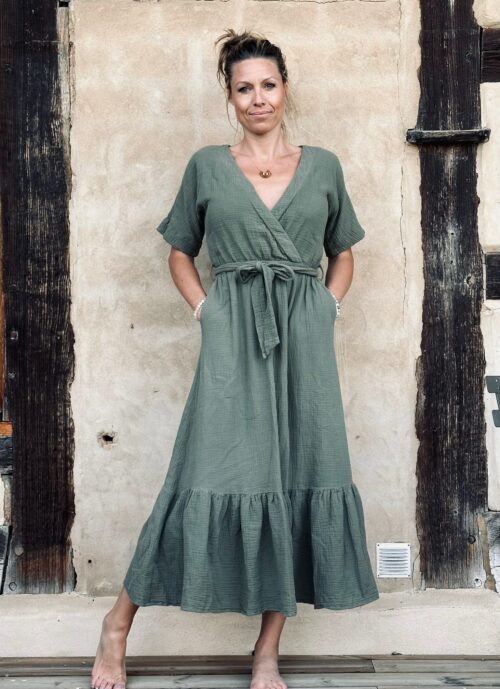 robe en double gaze de coton vert kaki La Draperie Française