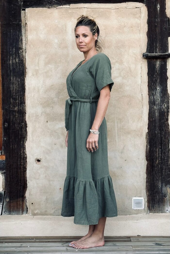 robe en double gaze de coton vert kaki La Draperie Française